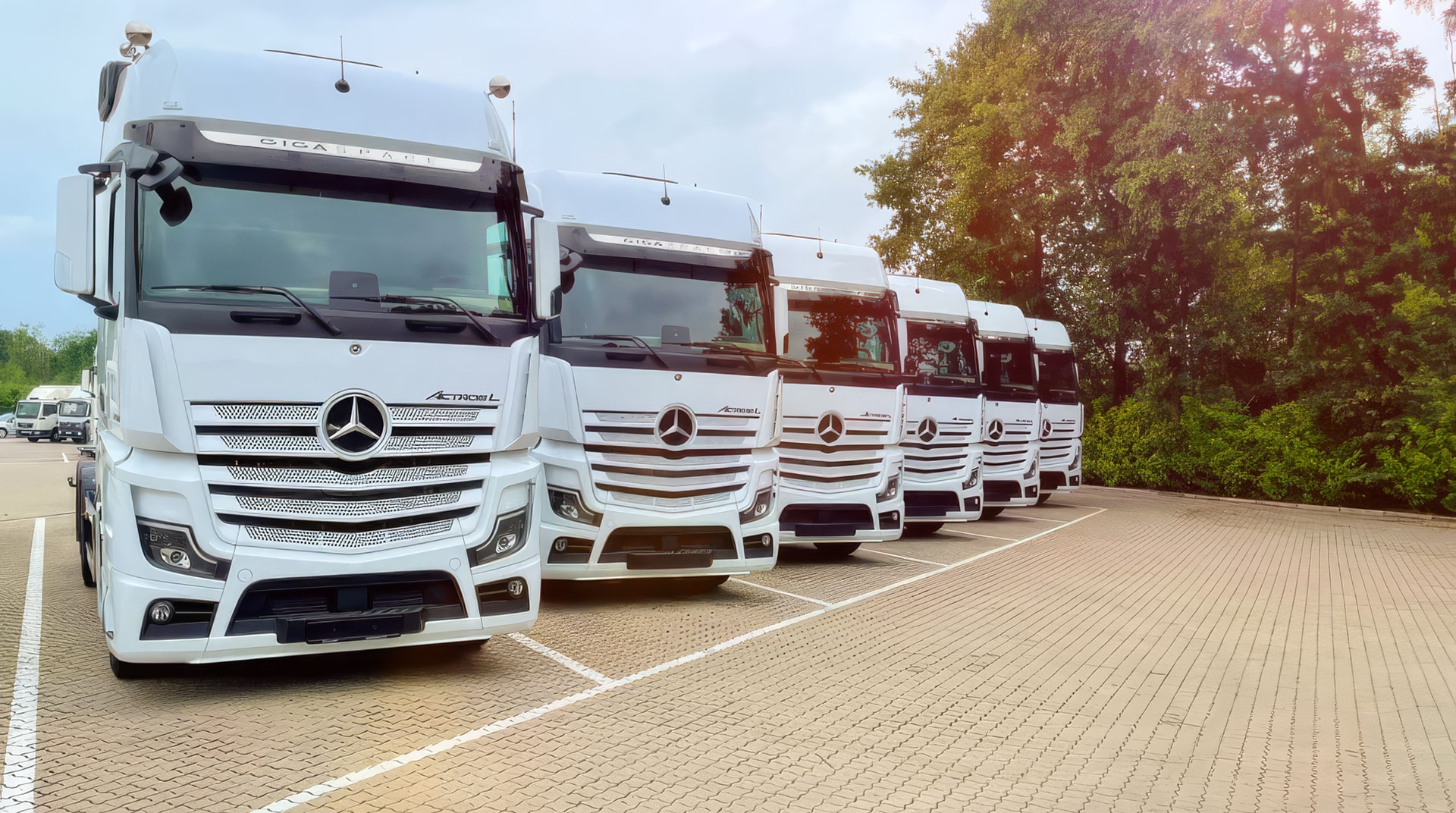 HVO100 für alle dieselbetriebenen Lkw Fünf weiße Mercedes-Benz-Lkw standen in einer Reihe auf einem Parkplatz in der Nähe von grünen Bäumen.